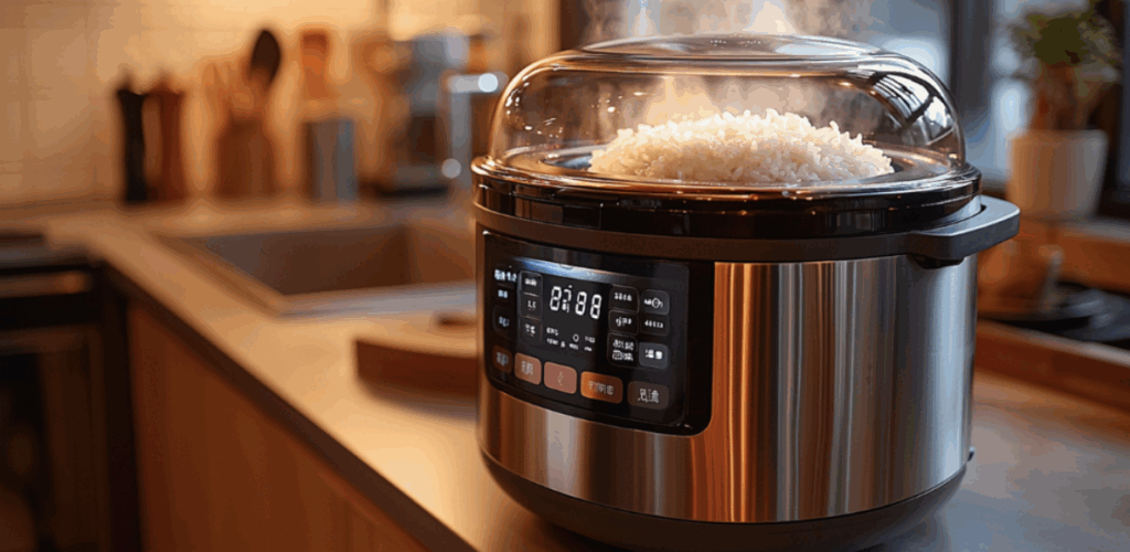 ステンレス製の最新型電気炊飯器で炊きたてのご飯から湯気があふれているキッチンシーン
