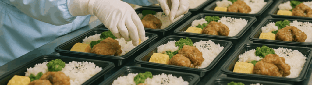 セントラルキッチンで弁当容器に唐揚げ・ブロッコリー・白ご飯を盛り付ける作業風景