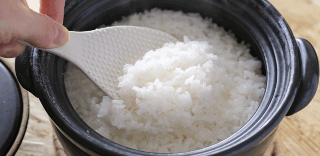 土鍋で炊き上げたご飯をしゃもじですくう湯気立つ様子