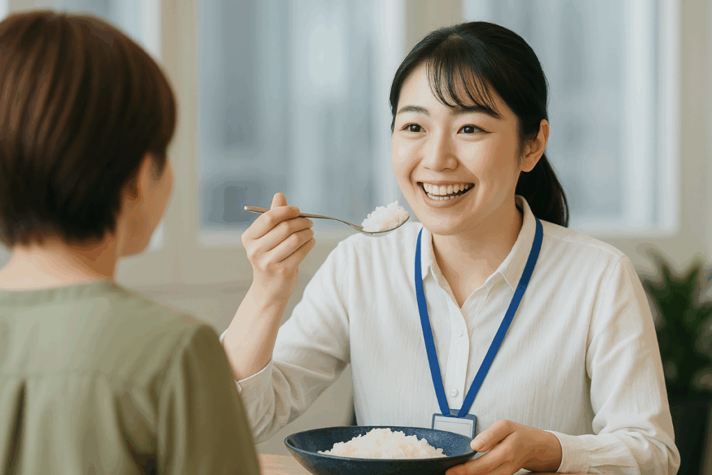 スプーンのご飯を差し出しながら笑顔で試食を勧める女性と顧客