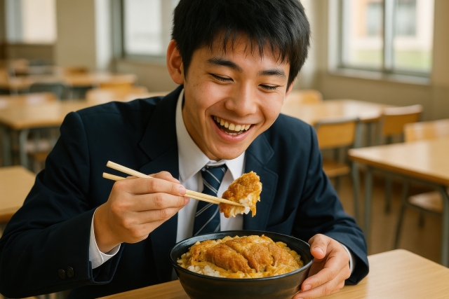 かつ丼を食べる学生